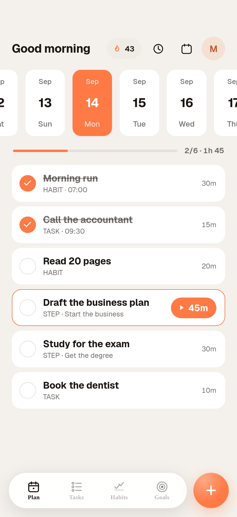 The Ambi Plan screen: the day as a single queue of habits, tasks and goal steps.